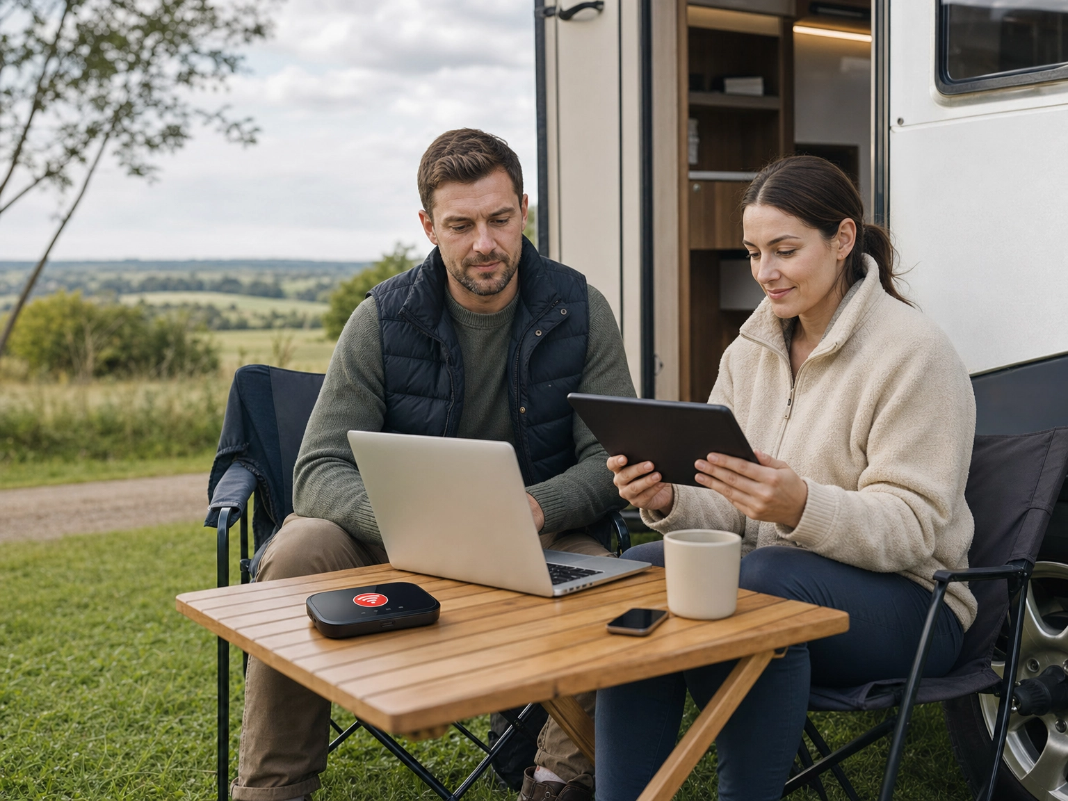 Couple relaxing at a UK countryside campervan pitch with a portable broadband router on the camping table