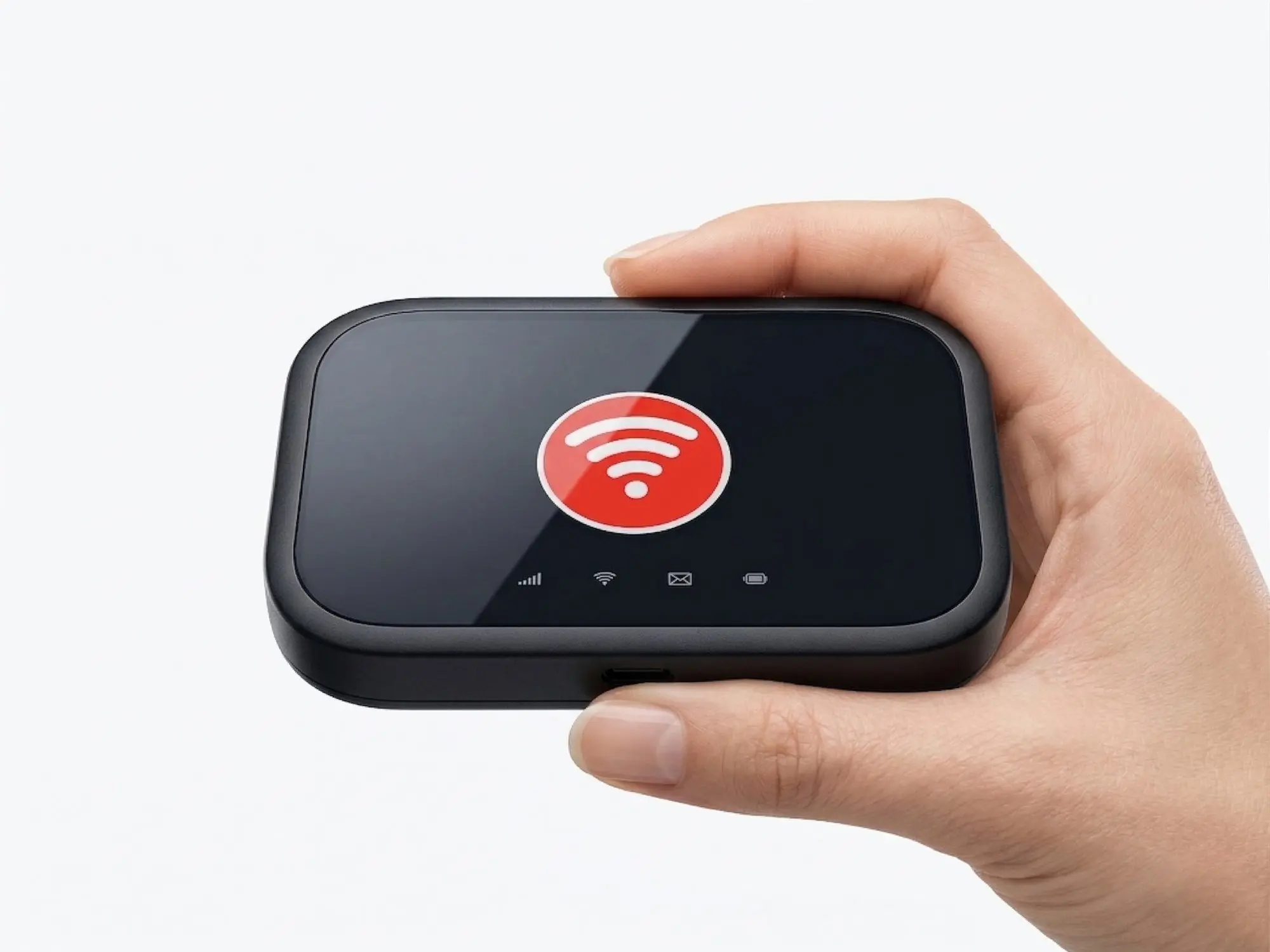 Holding Next Day portable broadband router showing compact size
